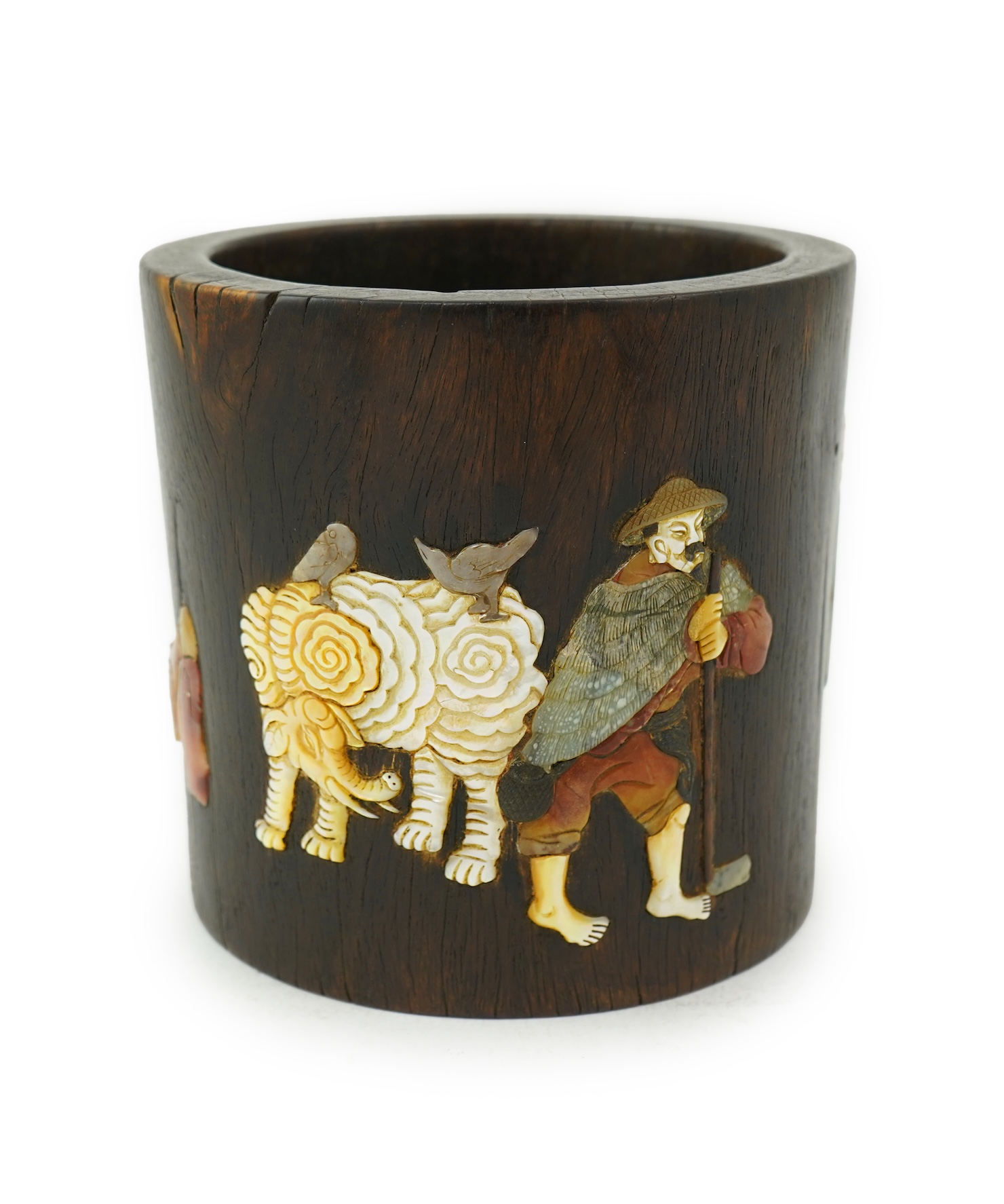 A Chinese soapstone and mother-of-pearl inlaid hardwood brushpot, possibly zitan